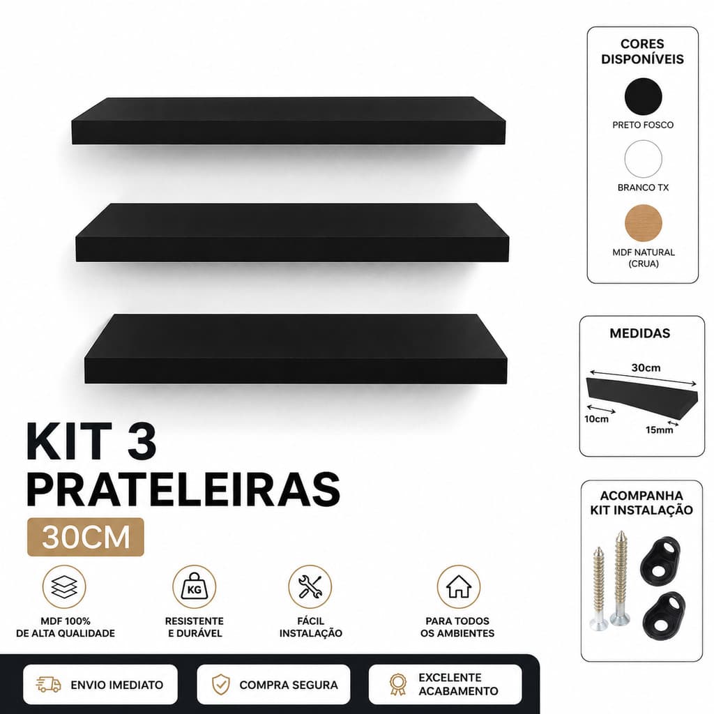 Kit 3 Prateleiras Nicho Parede 30x10cm Decorativo Luxo Sala Quarto Cozinha Organizador Moderno c/ Kit Instalação