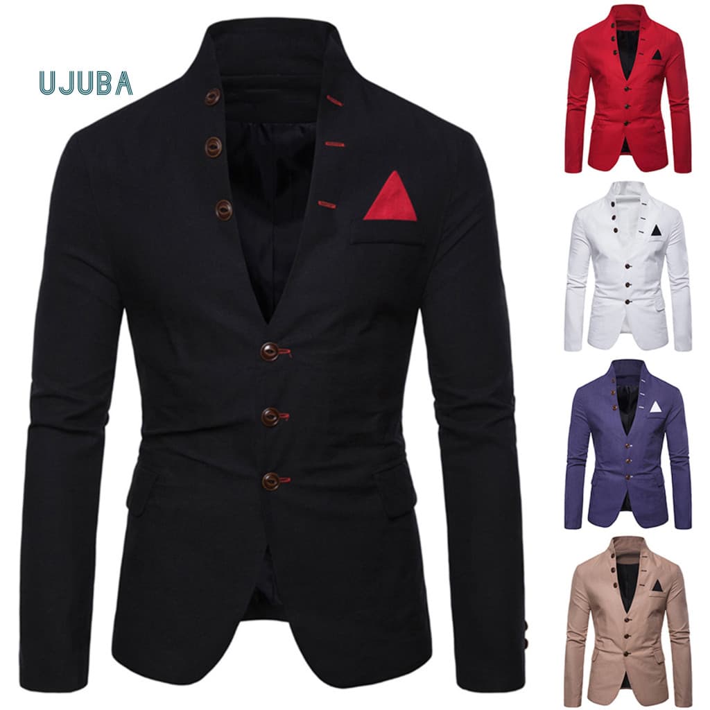 Ujb Masculino Manga Comprida Gola Smoking Terno Blazer 3 Botões Bolso Casaco Fino