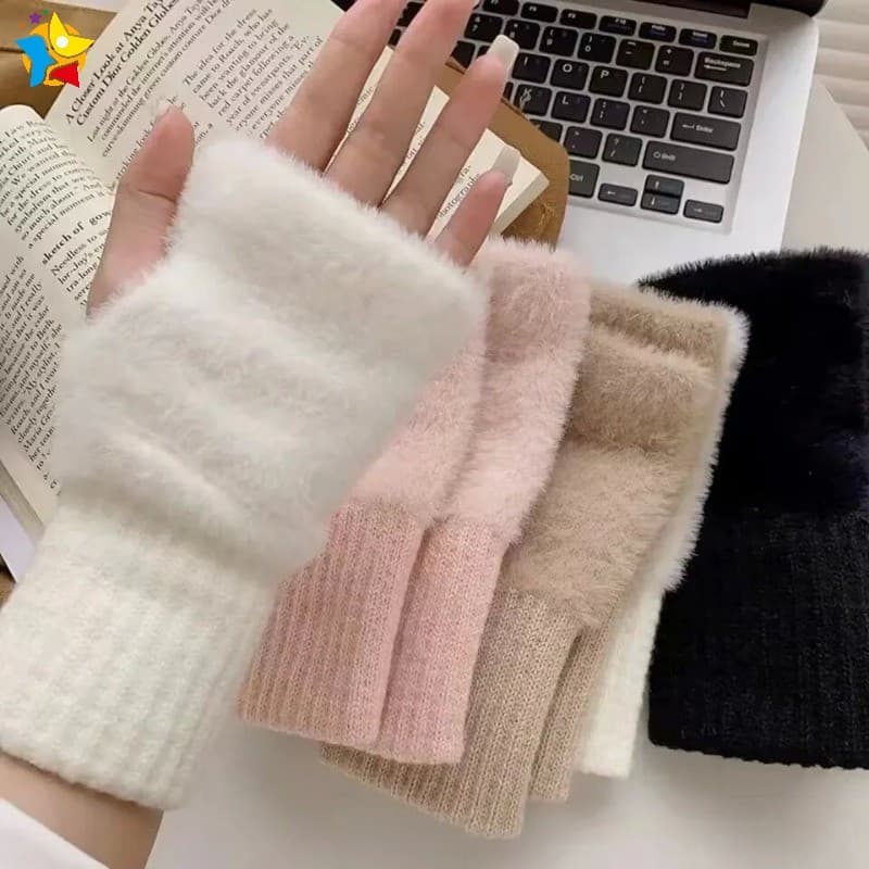 Moda Coreana Simples Vison Velo Meio Dedo Luvas De Pulso Meninas Feminino Macio Inverno Calor Cor Sólida Pelúcia Malha S