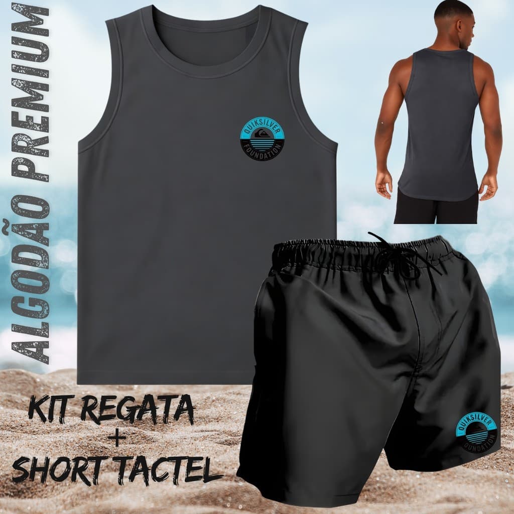 Conjunto Regata Cavada Masculina SILVER 03 Algodão Varias Cores + Short Tactel Preto -PD