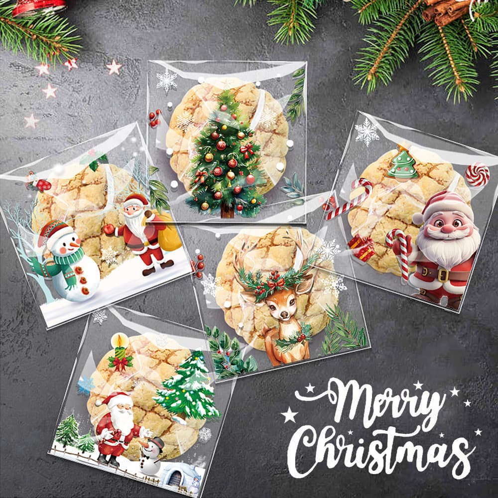 100/200/500 unidades de Sacos OPP Autoadesivos 5 em 1 para Doces de Natal, Embalagens para Presentes de Chocolate e Bisc