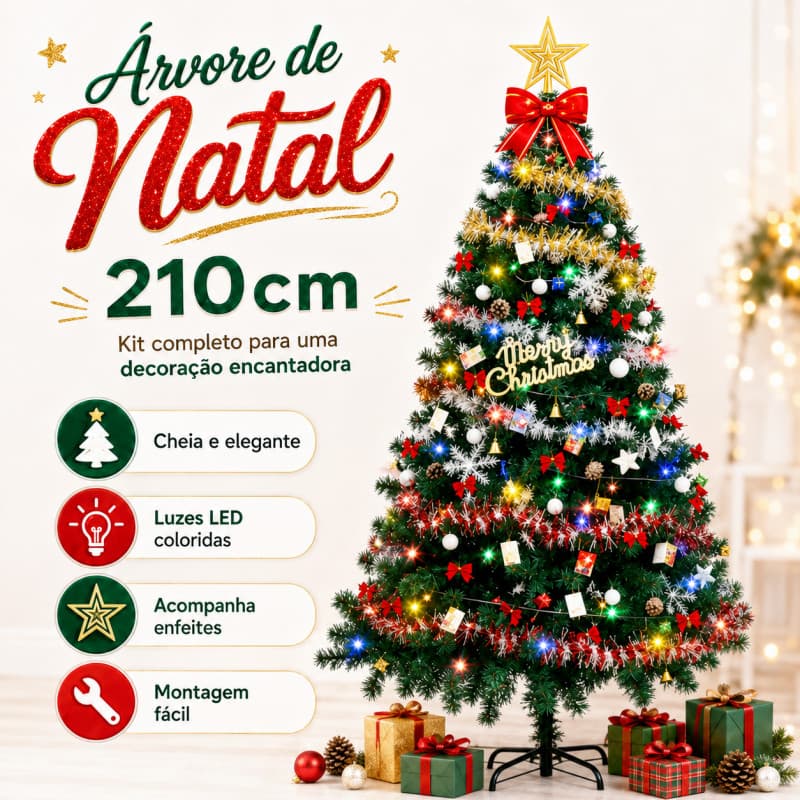 Árvore de Natal 210cm Completa com Enfeites Luzes LED Coloridas Base de Ferro Kit Decoração Natalina