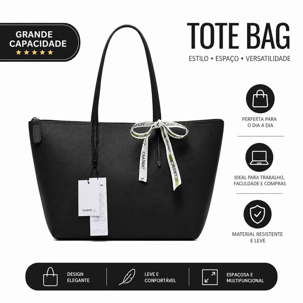 Bolsa Tote Bag Feminina Grande Capacidade Ombro Casual Leve Espaçosa Trabalho Faculdade Compras Dia A Dia