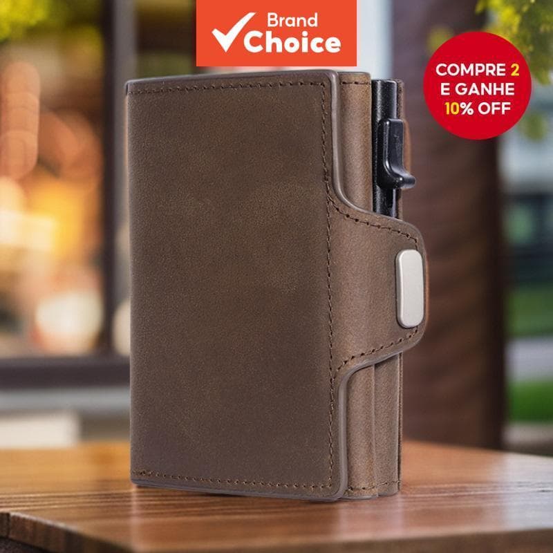 Carteira masculina de couro genuíno com bloqueio RFID, anti-fraude, cartão de crédito pop-up automático e bolso para