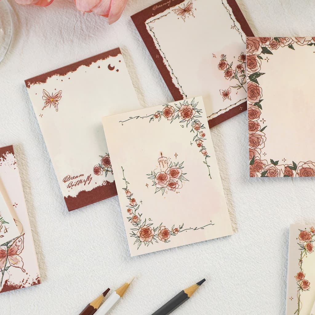Bloco de notas longo com ilustração de rosas românticas, papel de diário estilo ins, papel de anotações destacável para