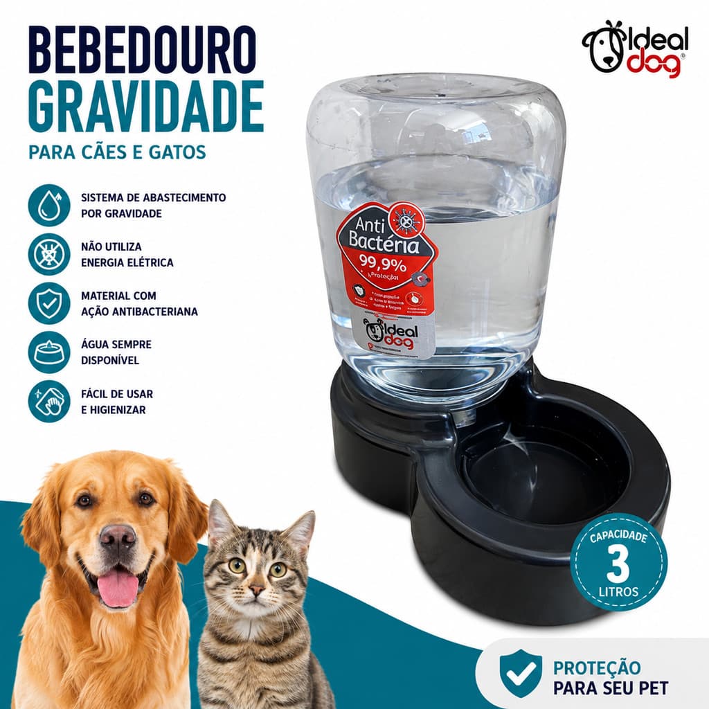 Bebedouro Gravidade 3L Antibacteriano para Cães e Gatos – Ideal Dog | Sem Energia Elétrica