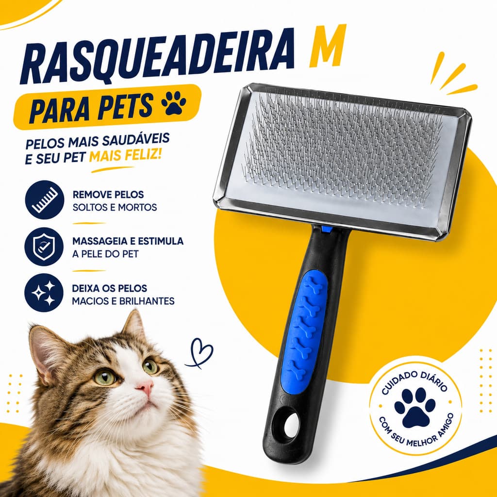 Escova Rasqueadeira Pet Tamanho M para Cães e Gatos Remove Pelos Soltos