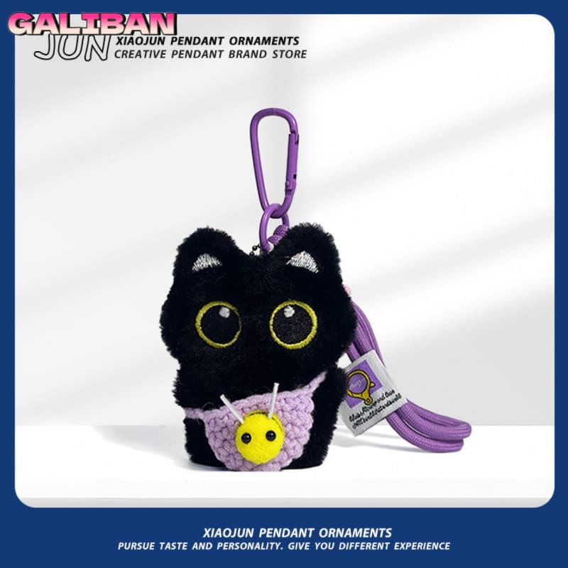 Pingente de gatinho preto, personalizado, brinquedo de pelúcia super fofo com alça tecida à mão, disponível em várias co