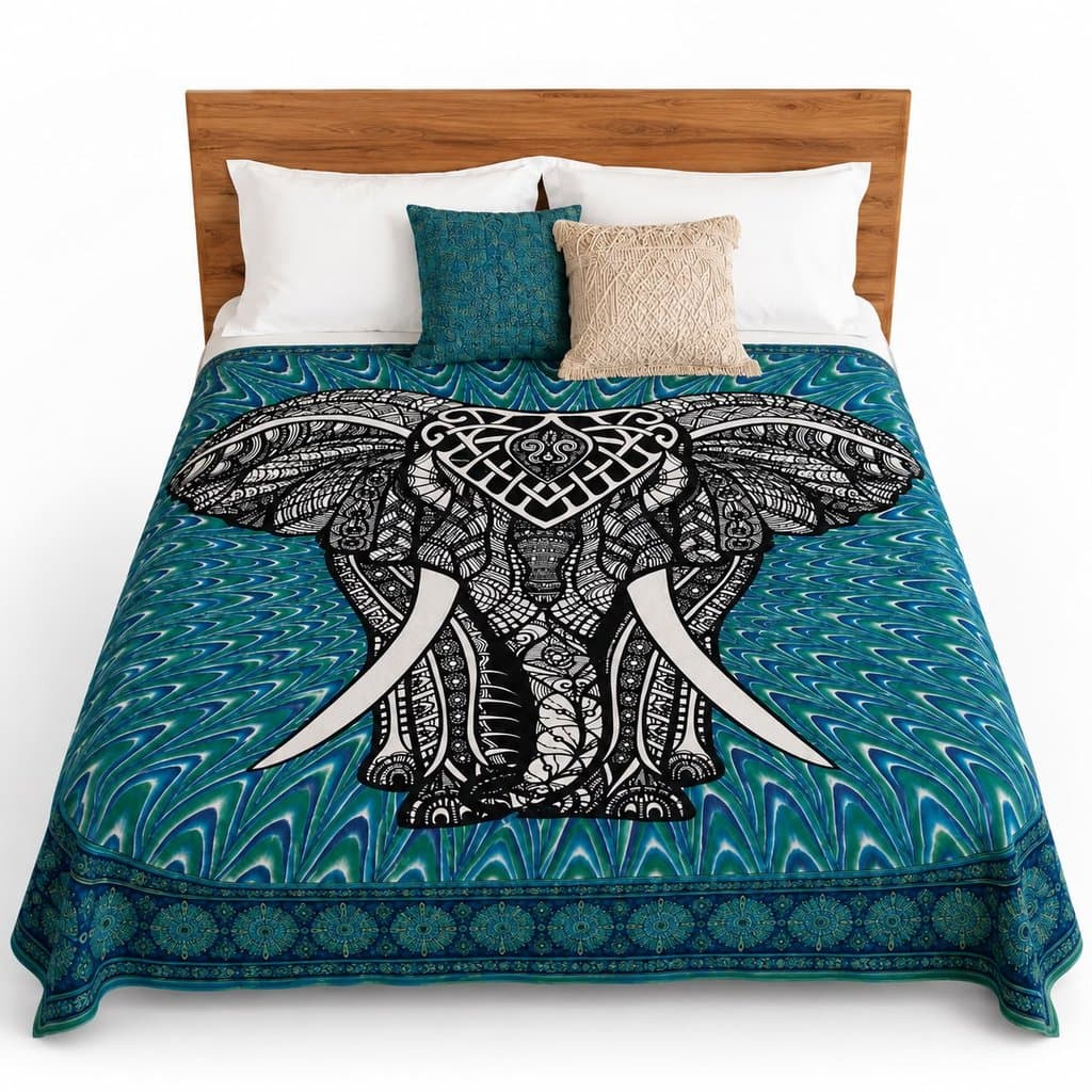 Colcha Indiana Elefante Mandala Azul Turquesa 210x240