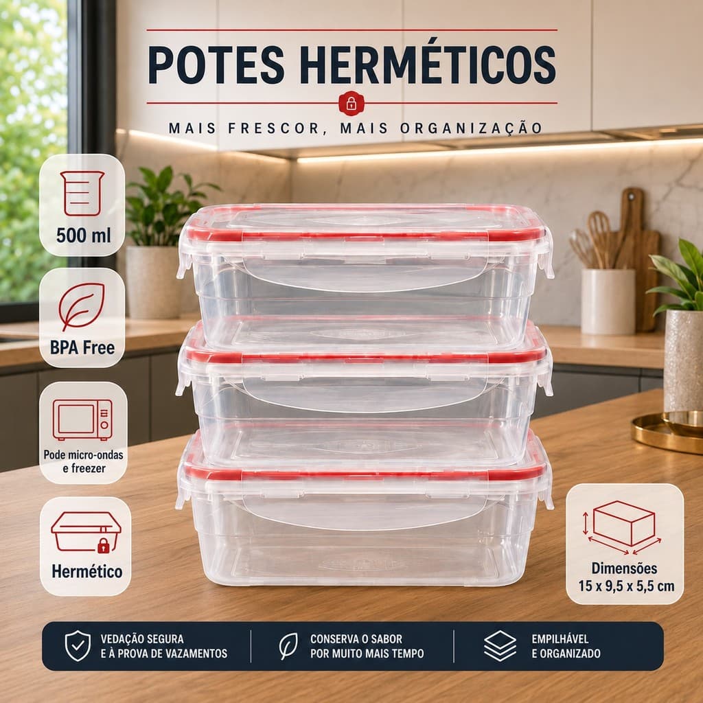 Kit de Potes Herméticos 500ml em Plástico com Silicone, Tampa com Trava, Ideal para Micro-ondas e Freezer