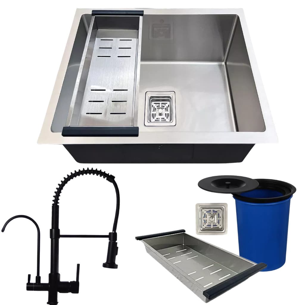 CUBA QUADRADA INOX304 COM TORNEIRA BLACK P/ FILTRO E LIXEIRA