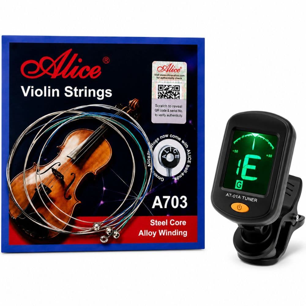 Kit Jogo De 4 Cordas Violino Alice + Afinador Digital Marinos