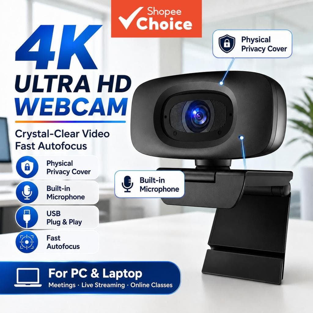 Câmera Web 4K JCL para PC e Laptop, Câmera de Computador USB com Microfone Integrado e Tampa de Privacidade, Plug & Play