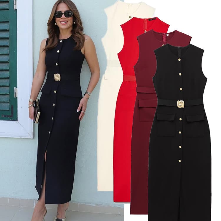 Primavera Novo Estilo Feminino Desgaste com Cinto Vestido Sem Mangas 3897054