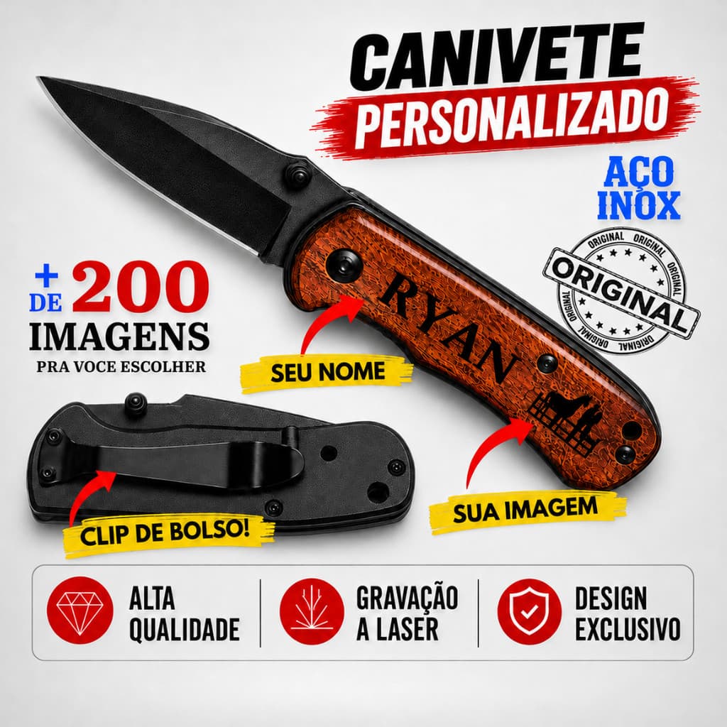 Canivete de Bolso Madeirado Presente Namorado Pai Padrinho Personalizado Nome Desenho Inox Presilha Agro
