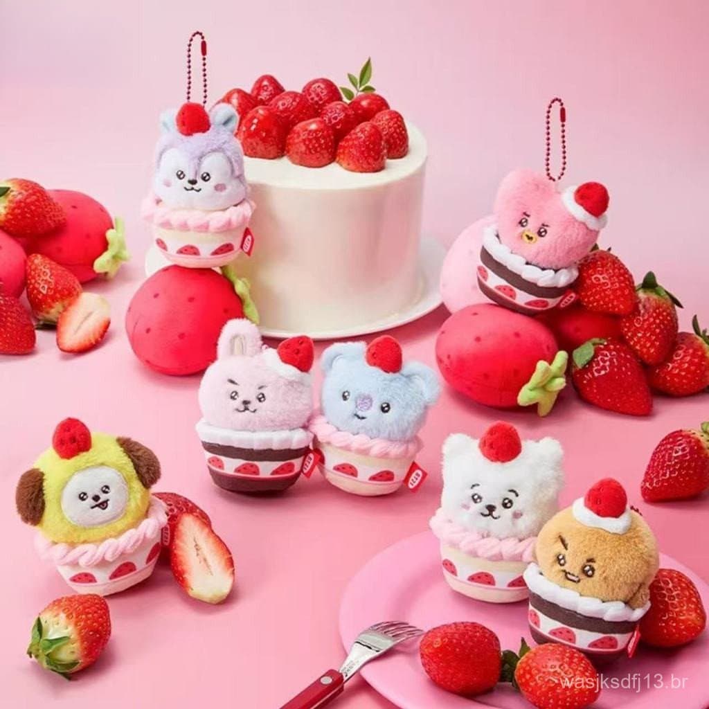 BTS BT21 Bolo de Morango Boneca de Pelúcia Festa Boneca Bolsa Pingente Chaveiro de Pelúcia