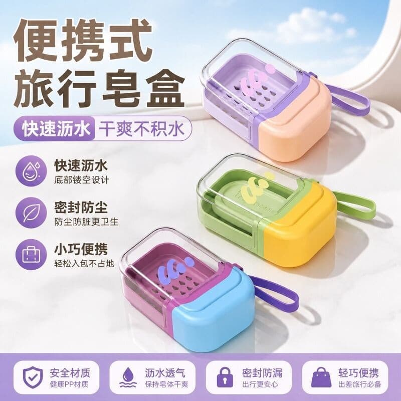 Caixa de sabonete portátil, mini caixa de sabonete para viagem, selada e com drenagem, com tampa, transparente, simples