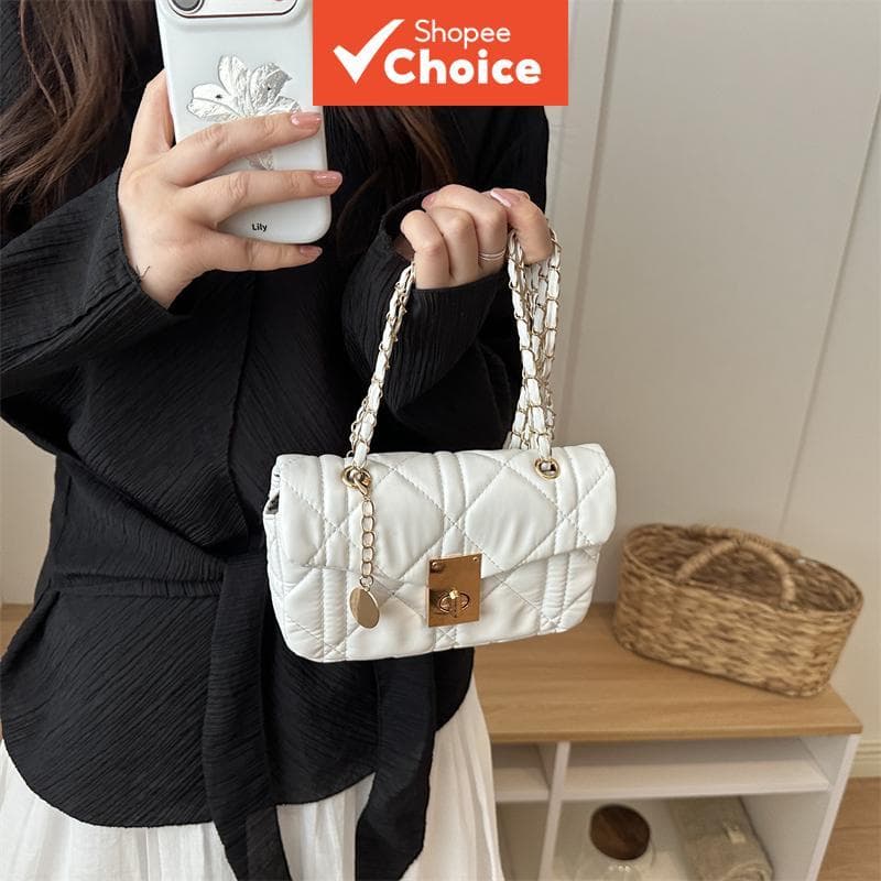 Bolsa tiracolo de corrente elegante para o dia a dia, pequena bolsa quadrada com trama em losango e linha bordada, bolsa