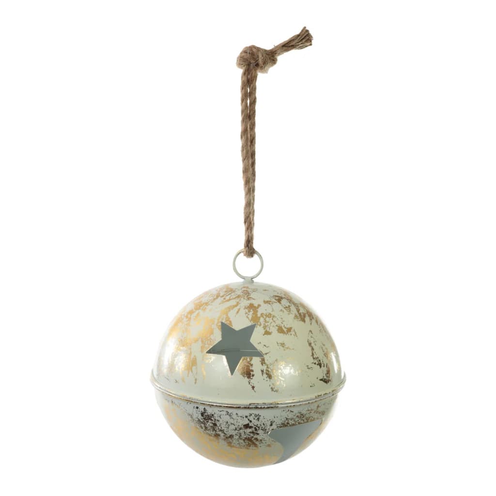 Guizo de Natal Decorativo em Metal 20cm Branco e Dourado com Corda Enfeite Natalino p/ Árvore, Porta