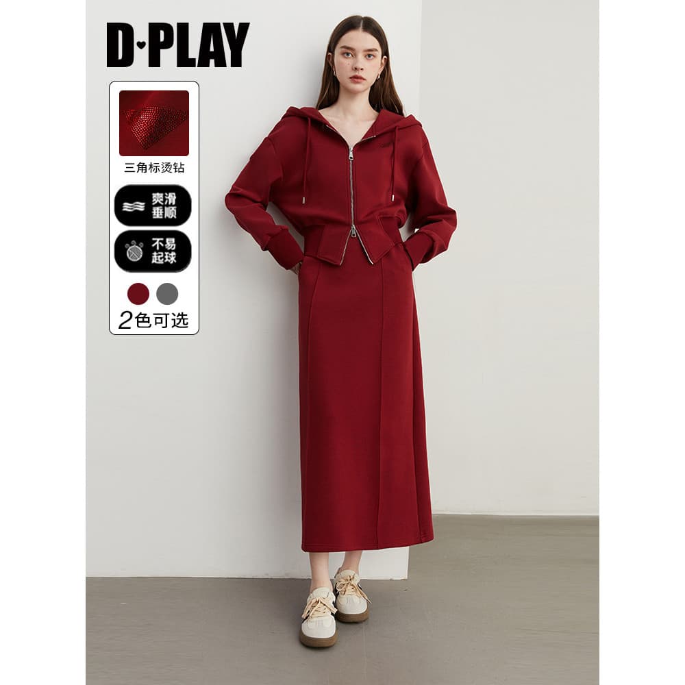 DPLAY Outono Estilo Esportivo Vermelho Com Capuz Zíper Moletom Solto Casual Cardigan Jaqueta Curta Feminina