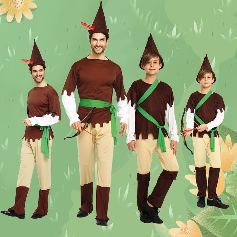 Crianças dia das crianças beijo adulto masculino cosplay elfo verde Peter Pan roupas crianças Robin capuz caçador roupas