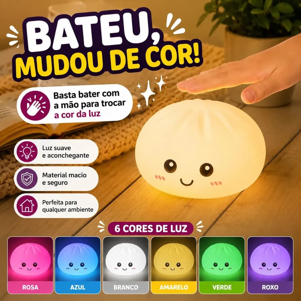 Squishy brinquedo Luminária Pãozinho Squish LED RGB  Cores – Abajur de Cabeceira Luz Noturna Fofa