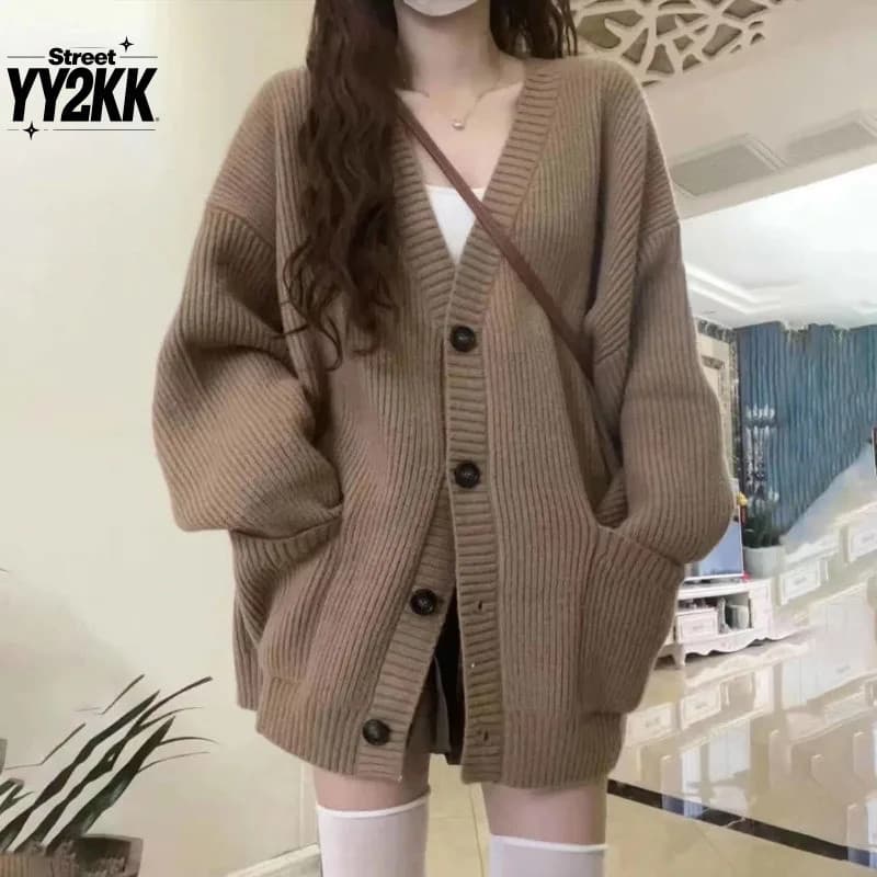 Outono Inverno Feminino Cardigan Camisola Casacos Moda Feminina Manga Longa Com Decote Em V Solto Casual Malha Jaquetas