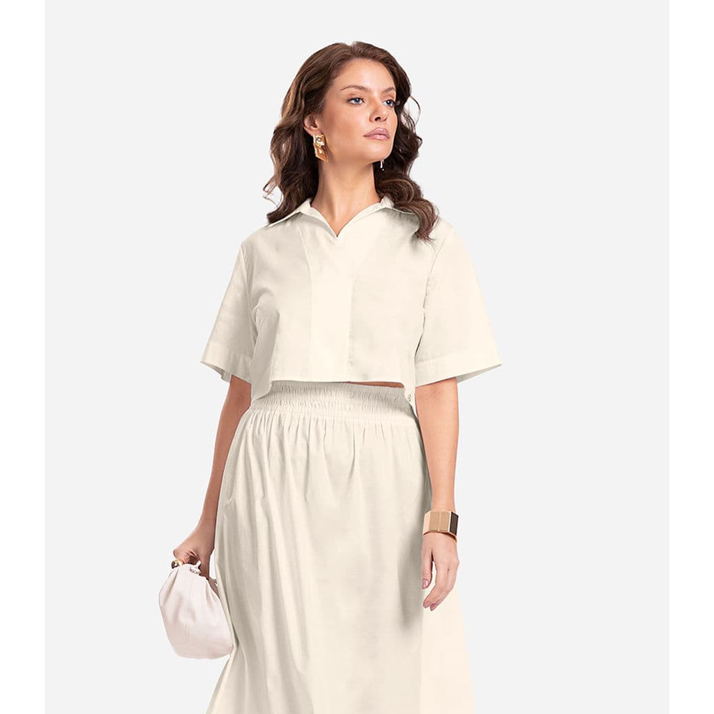 Camisa Feminina Cropped Box Em Popeline Endless Bege