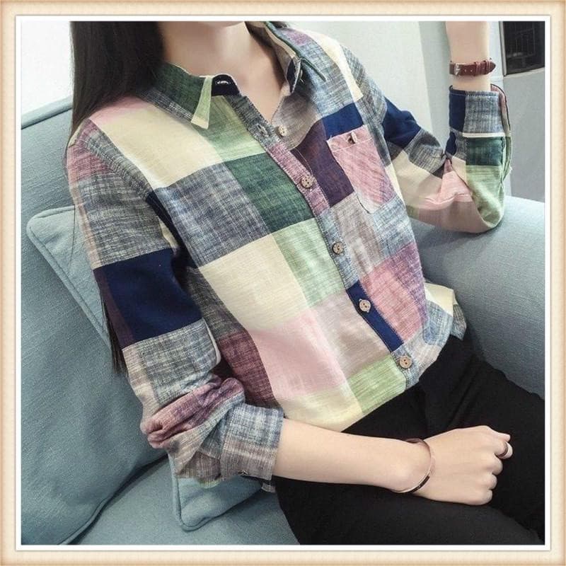 Blusa Feminina Solta e Versátil de Linho Xadrez QW11