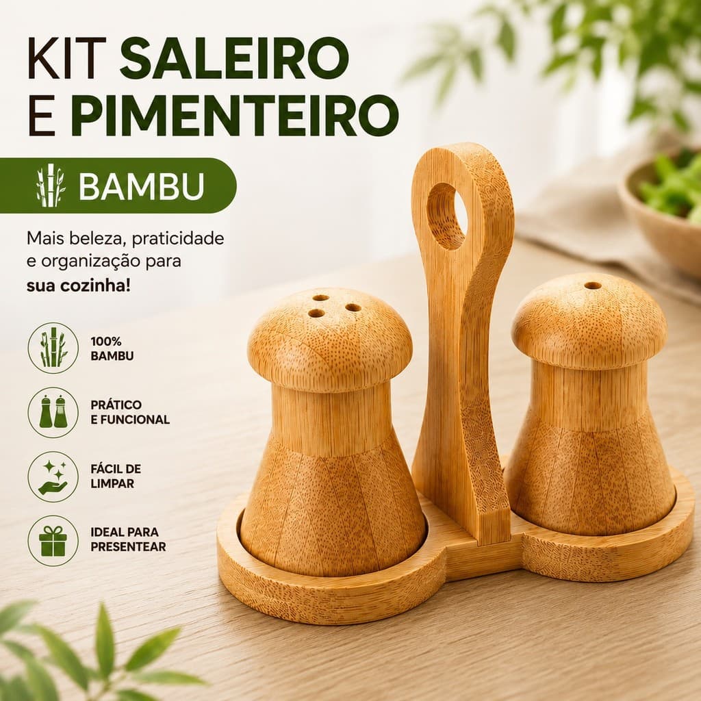 Porta Sal e Pimenta em Bambu Com Suporte Prático Para Mesa Posta e Bancada