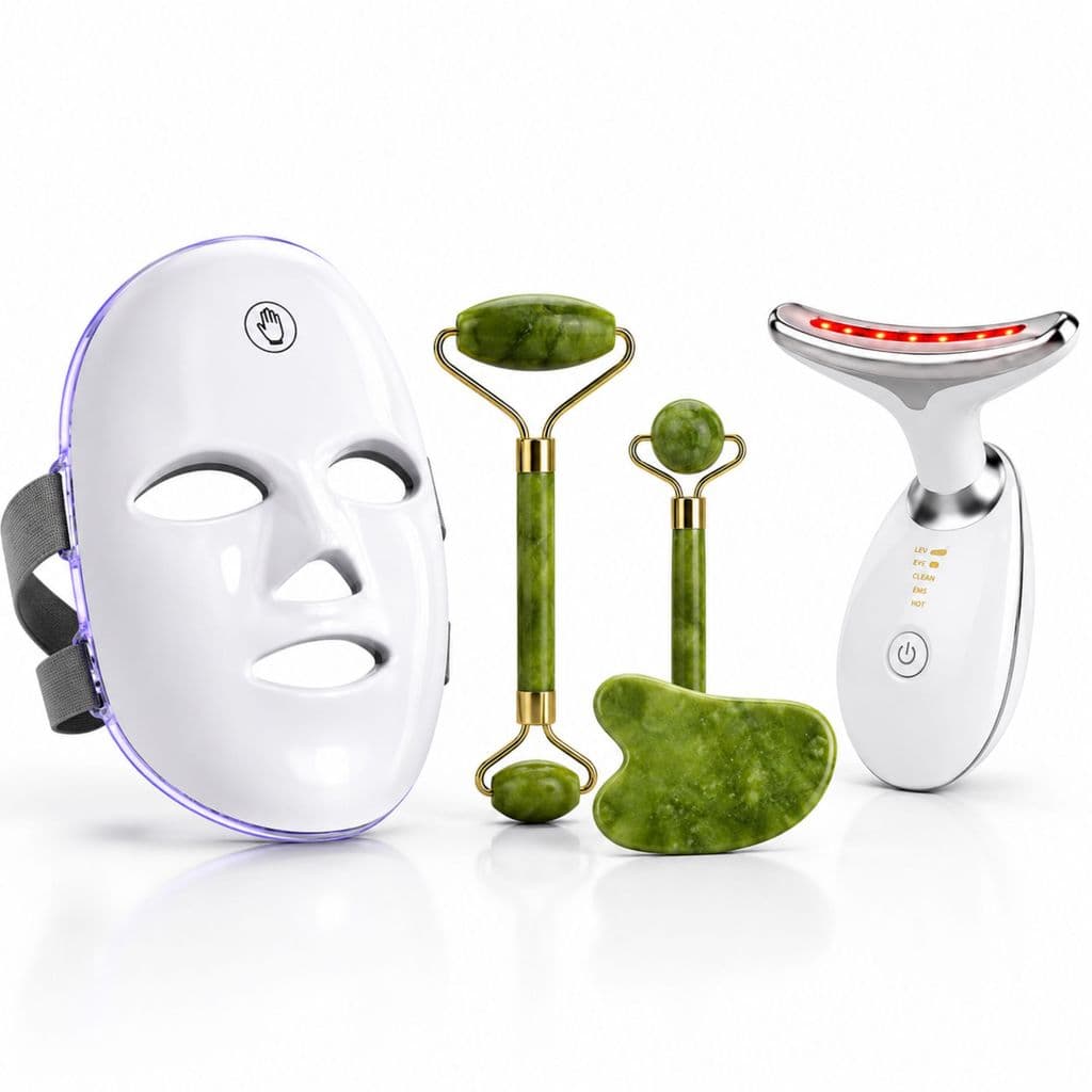 Kit Skincare Máscara LED  + Massageador  7 Cores + 2 Jade Rollers Gua Sha