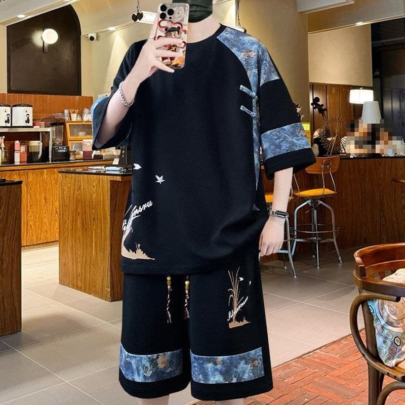 Estilo chinês masculino estilo chinês Shorts de manga curta terno solto Casual nacional na moda terno de duas peças um c