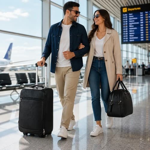 Kit Mala De Bordo P/ Viagem Com Rodinhas E Mala Média De Mão Preto Lisa Couro sintético