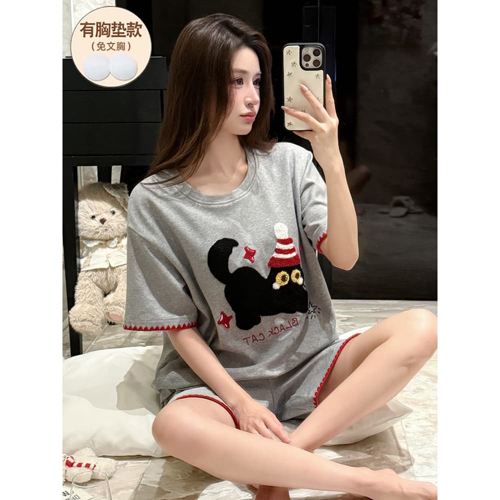 100 pijamas de algodão puro feminino verão manga curta com almofada no peito estilo influenciador 2026 novo estilo bonit