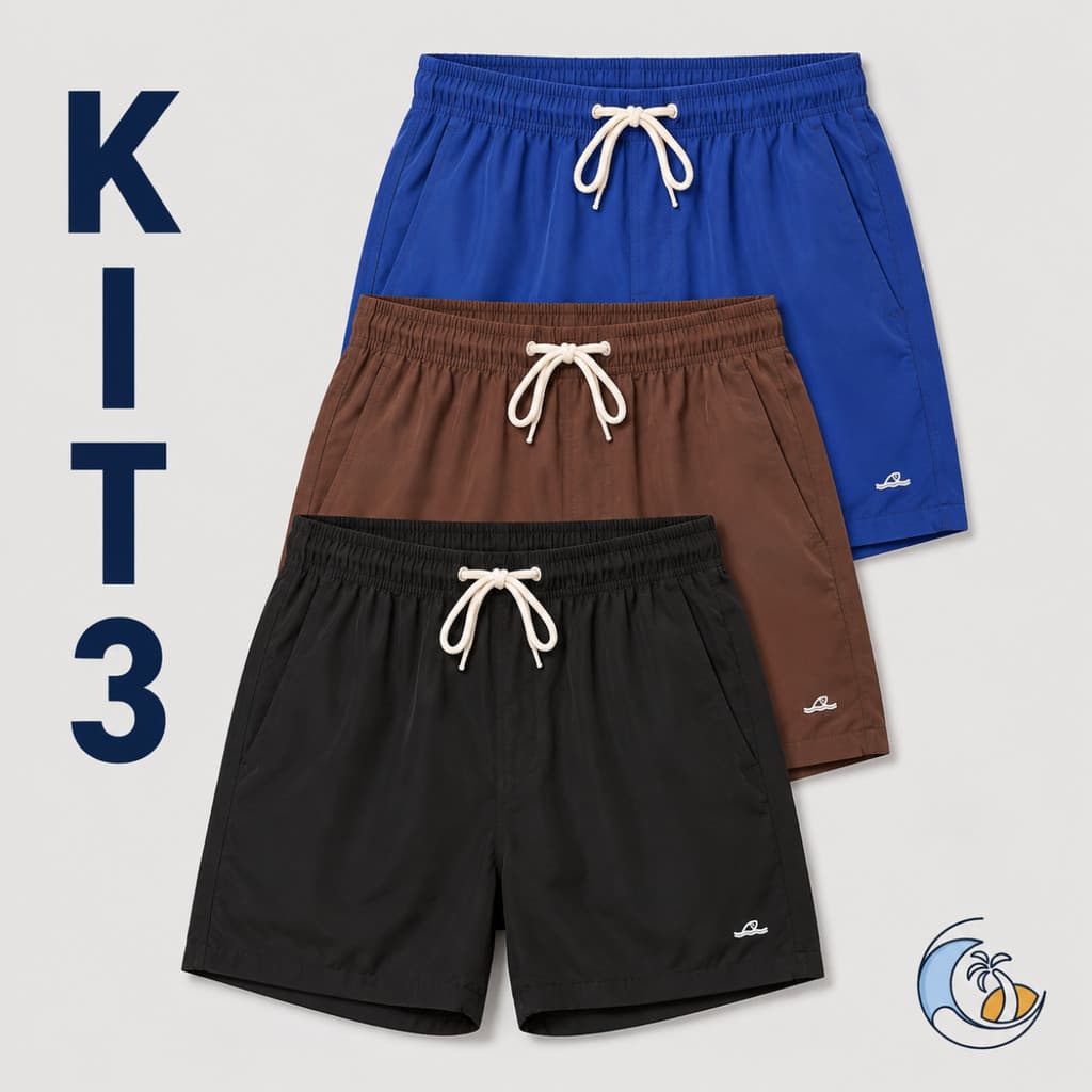 Kit com 3 Shorts Masculinos Premium Tactel com Elastano Bermuda Casual Esportiva Praia Academia Verão