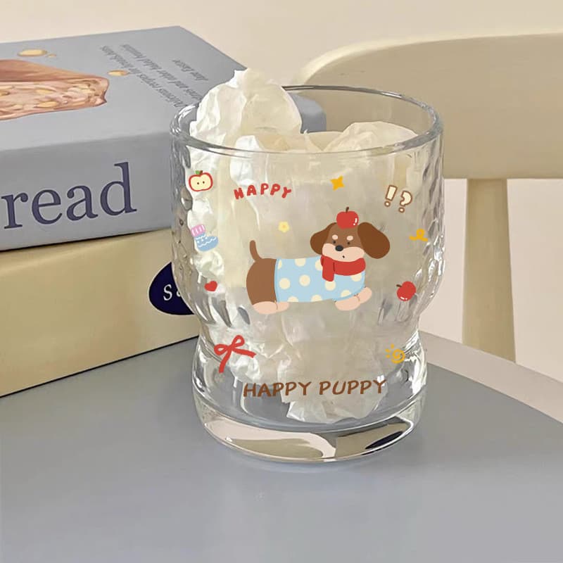 Copo de vidro exclusivo estilo Instagram, de alto valor estético, com desenho de cachorro fofo, ideal para leite e café