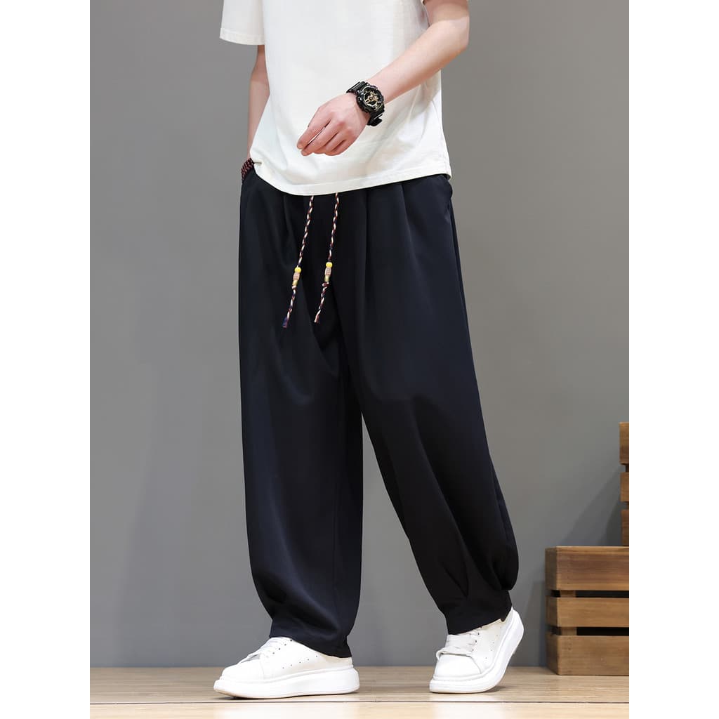 Primavera verão estilo chinês calças de seda gelo masculino Tang terno estilo fino solto tamanho grande perna larga Bloo