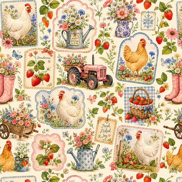 Tecido Tricoline Digital Estampado Galinhas e Morangos Pano Artesanato Mesa Cozinha