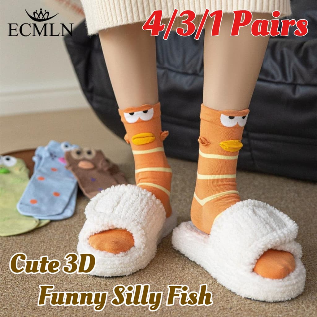 ECMLN 1/3/4 Pares Femininos Fofos 3D Bobo Peixe Meia Panturrilha Meias Kawaii Engraçado Novidade Macia Casual Melhor Ami