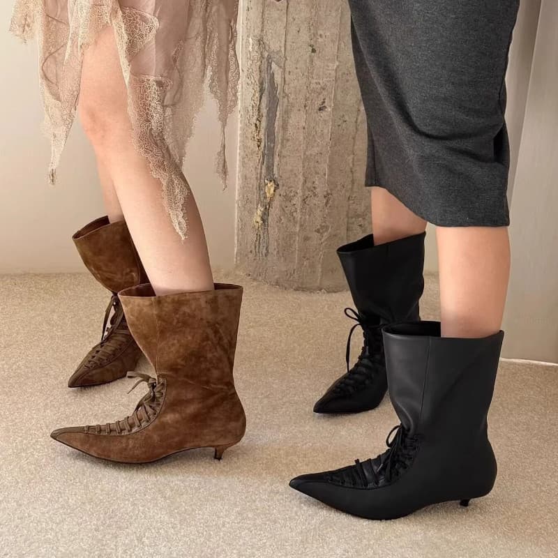 Botas femininas elegantes de bico fino, botas de cano médio, botas curtas Stiletto femininas 43, tamanho grande