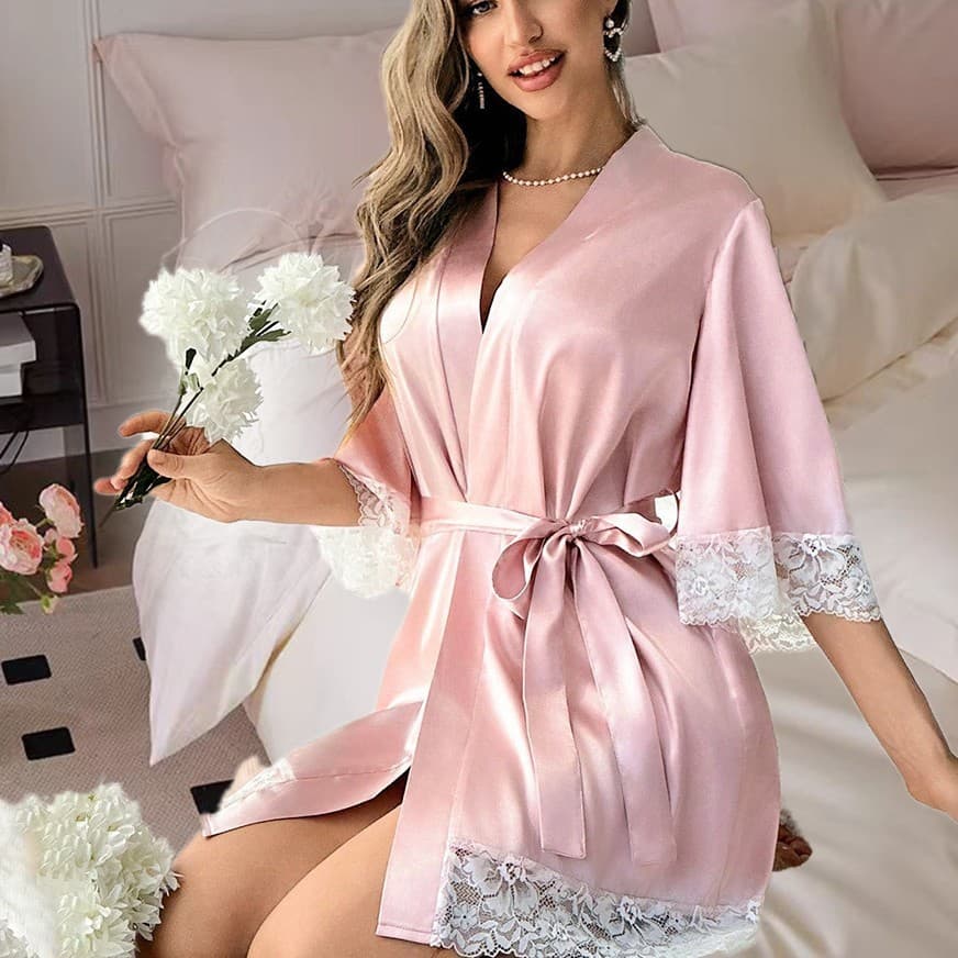 Roupão de noiva transfronteiriço, presente de dama de honra, camisola de manga média, pijama de renda longa, camisola Ca