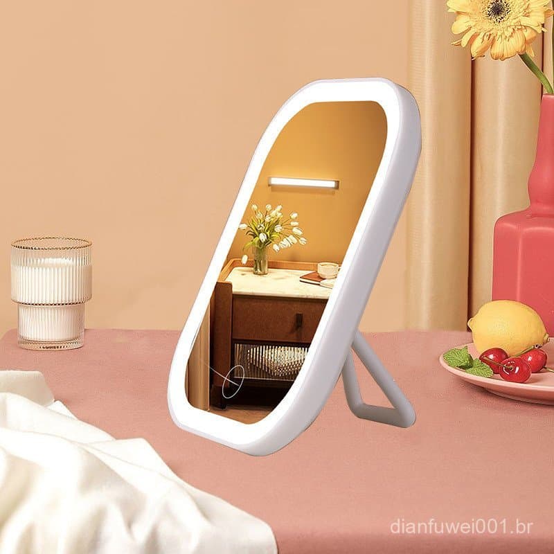Espelho de maquiagem portátil pequeno para meninas, espelho de maquiagem LED estilo ins com suporte, espelho de mesa com