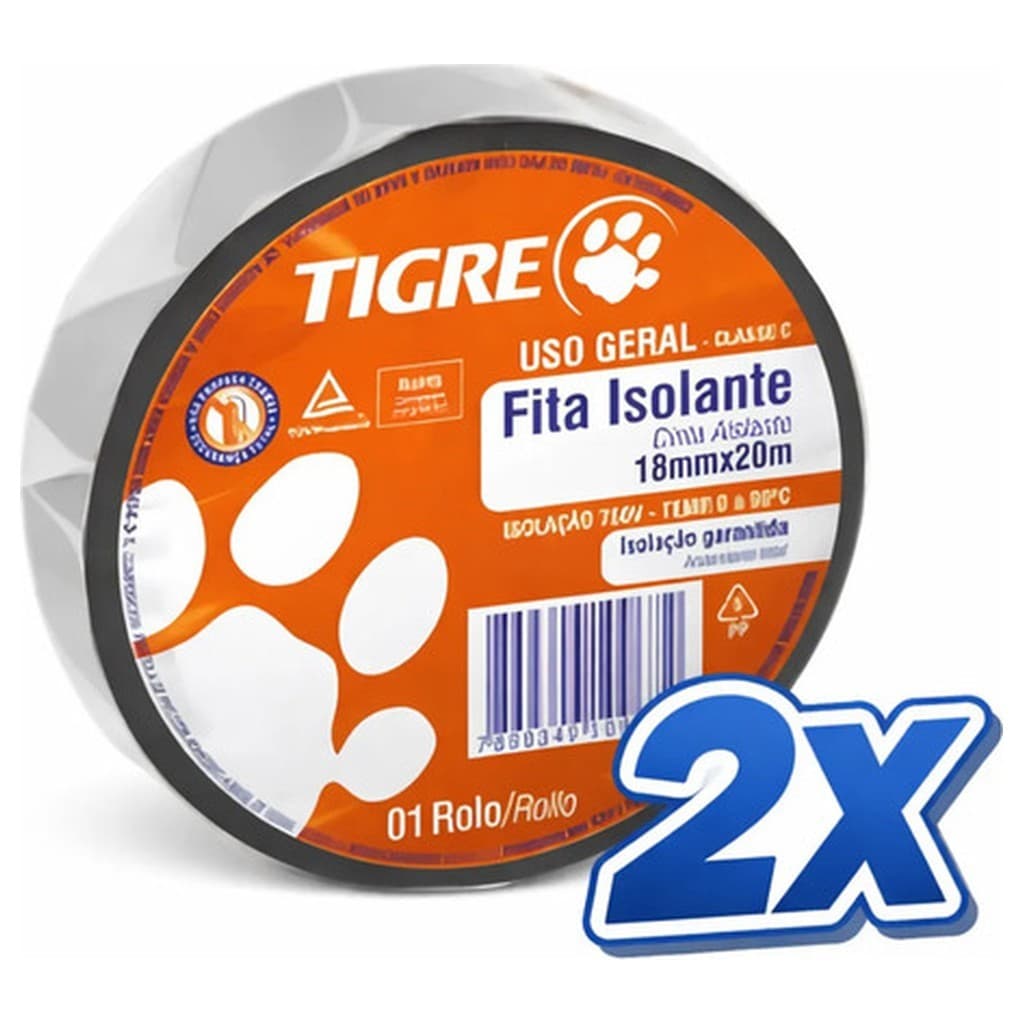 Kit 2 Fita Isolante Tigre Uso Geral 18mm x 5m Preta Isolamento Elétrico Baixa Tensão Emenda Fios Cabos
