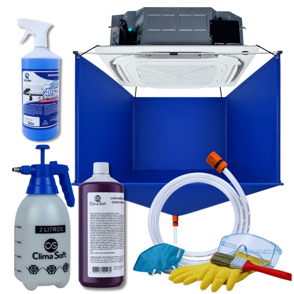 Kit Limpeza Ar Condicionado Cassete K7 Bolsa Coletora Com Abas Bactericida Limpa Alumínio EPIs  Pulverizador 2L