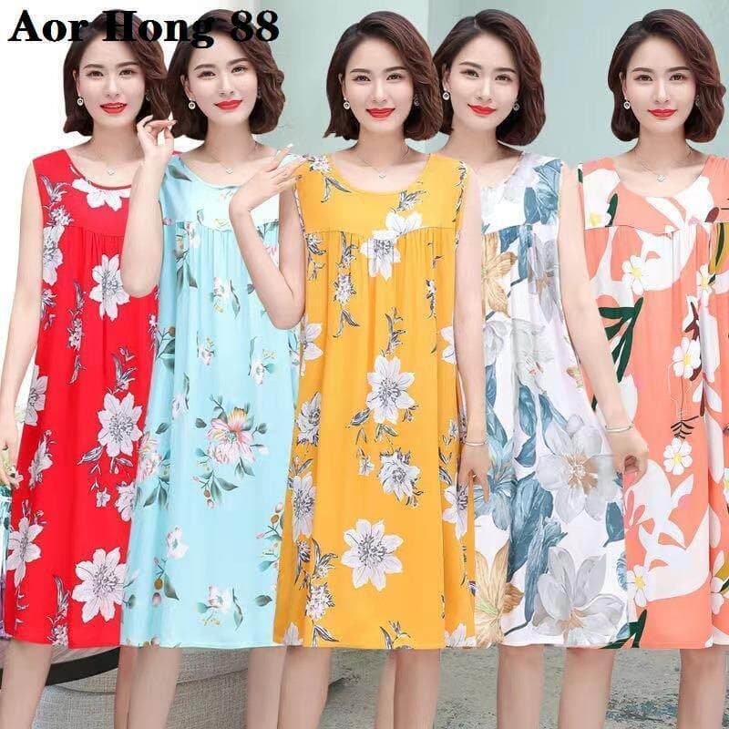 Camisola feminina verão Plus Size sem mangas algodão seda comprimento médio algodão Artificial vestido solto meia-idade