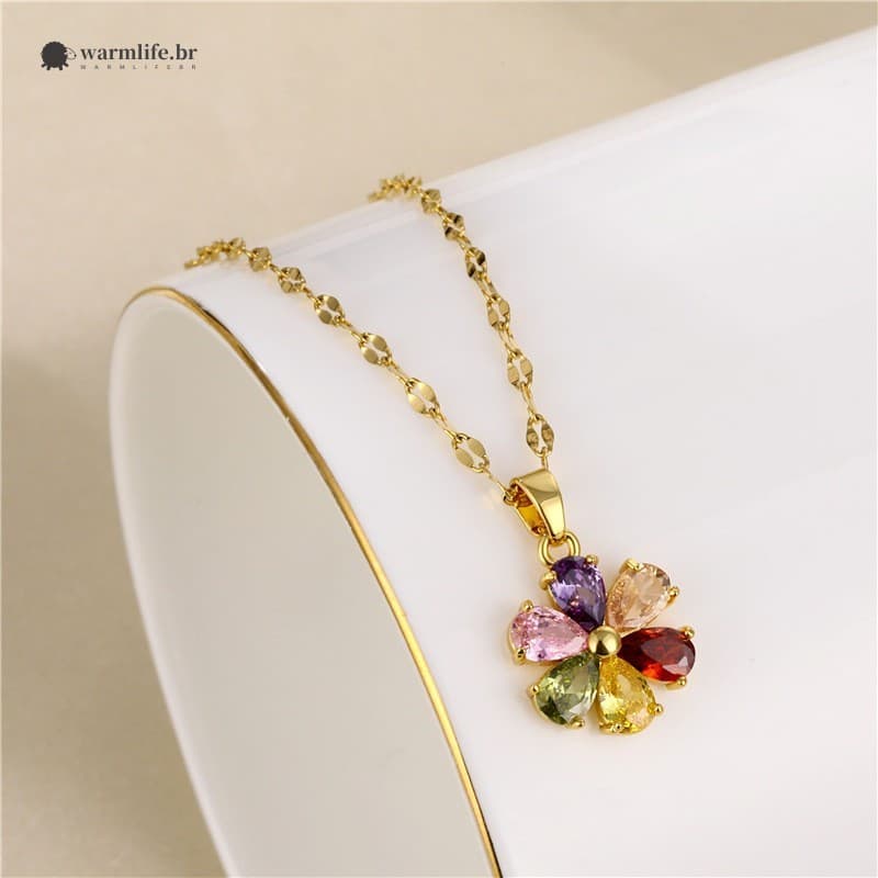 Colar Com Pingente De Flor De Zircônia Colorida Em Ouro 18K Para Mulheres-Presente De Joia Hipoalergênica