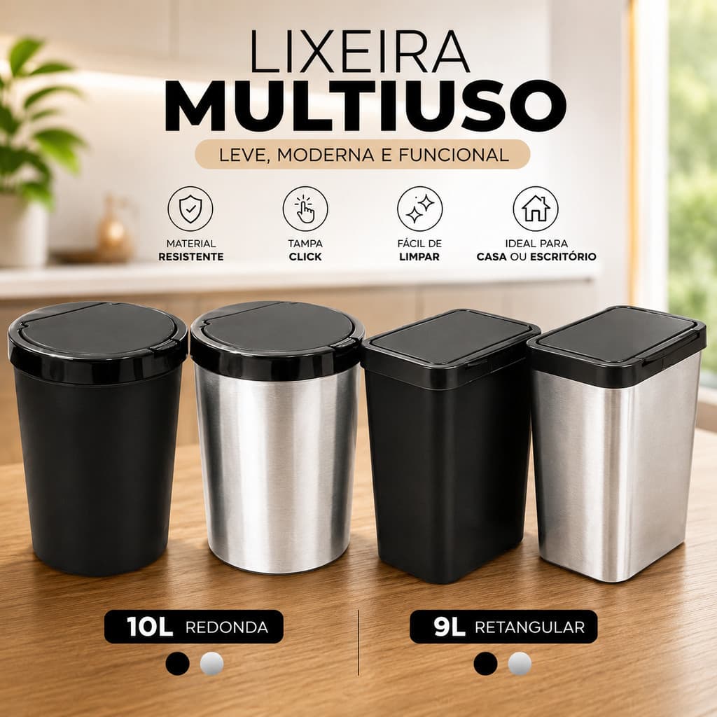 Lixeira Cesto 09 Litros 10 Litros Efeito Inox Com Tampa Click Label Banheiro Cozinha Redonda Retangular