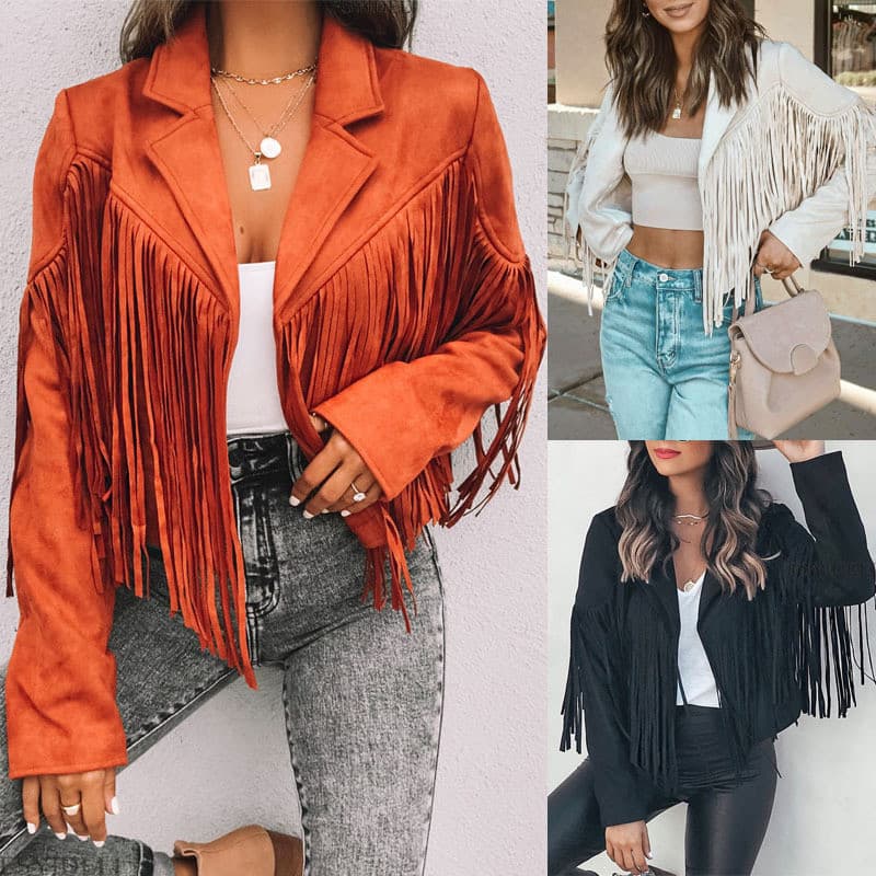Jaqueta feminina jaqueta de couro Deerskin veludo elegante lapela franjas jaqueta curta feminina outono inverno novo est