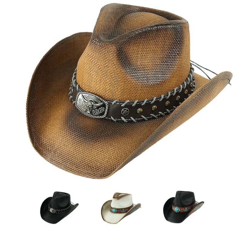 Chapéu de Cowboy ocidental estilo retrô enrolado, estilo superior duro, chapéu panamá ocidental, cinto exclusivo, cor só