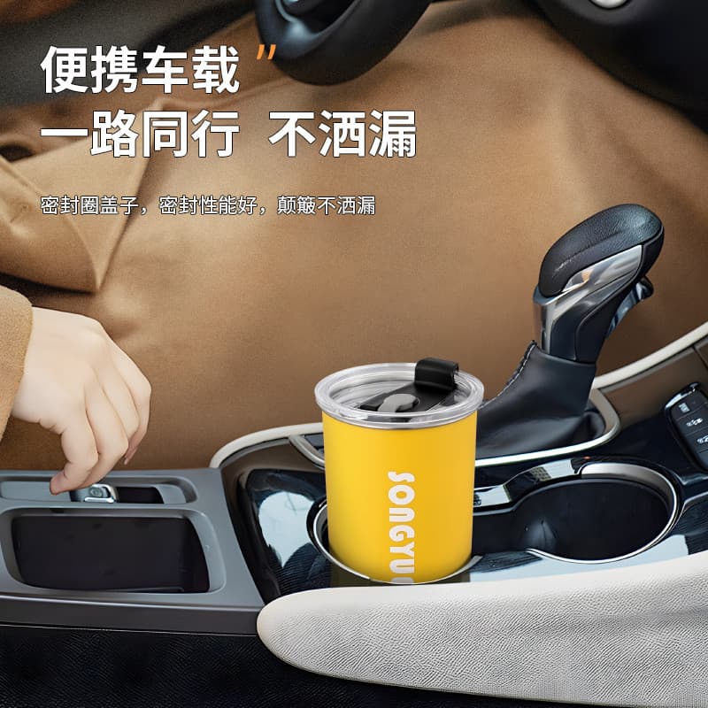 Copo de café com tampa, interior de aço e exterior de plástico, copo de água de dupla camada, copo selável para carro, p
